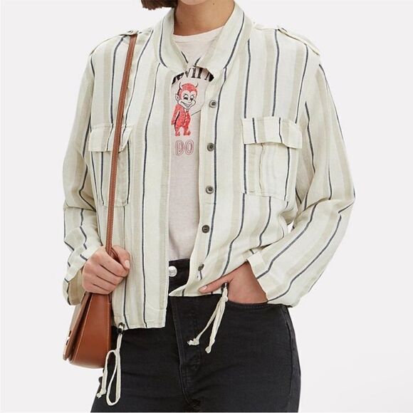 LOFT (New) Lightweight Linen Button Down Striped Collared Top (Size: Small - Picture 1 of 12